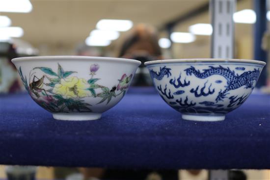 A Chinese blue and white dragon bowl and a Chinese famille rose crickets and flowers bowl, 9.2cm and 9.7cm